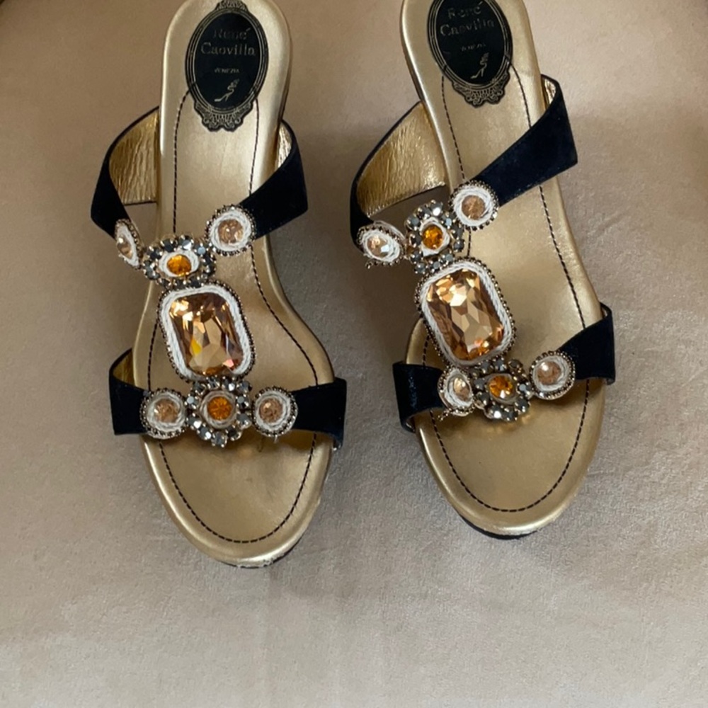 RENE CAOVILLA JEWELED GOLD AND BLACK PLATFORM WEDGE SHOE 40 9 9.5 10